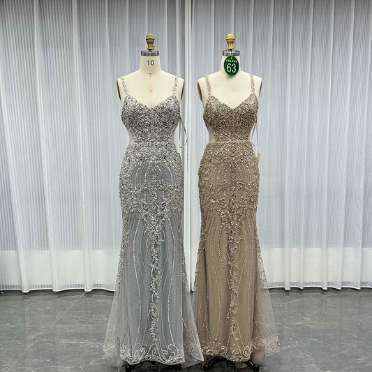 YQLNNE 063 Nude Rhinestones Evening Dress Mermaid Pageant Gown