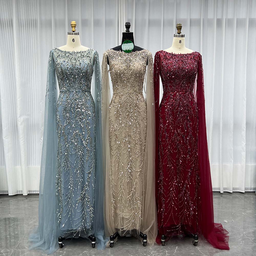 YQLNNE 0192 Burgundy Handmade Crystals Beaded Evening Dress With Long Cape Sleeves