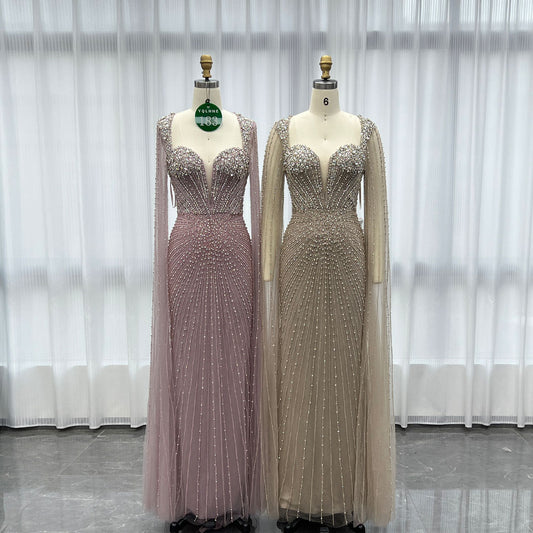YQLNNE 0183 Luxury Pink Crystals Beaded Evening Dress Long Cape Sleeves