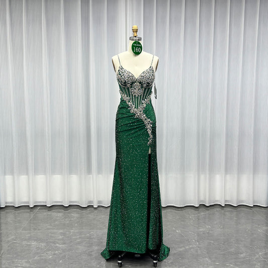 YQLNNE 0160 Dark Green Crystals Beaded Long Prom Dress Lace-up