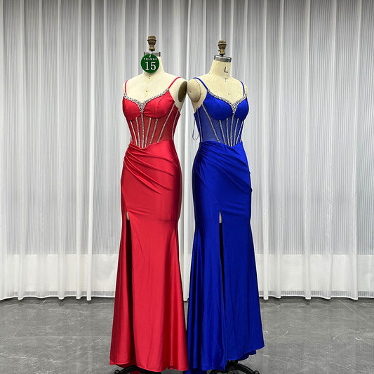 YQLNNE 015 Red Crystals Long Prom Dress Straps Satin Slit