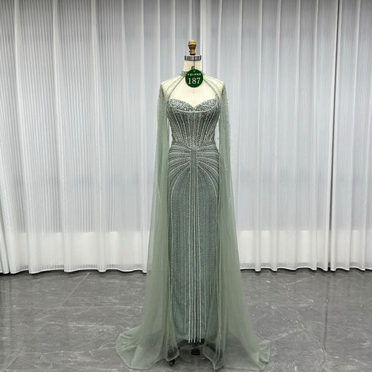YQLNNE 0187 Sage Green Rhinestones Mermaid Evening Dress With Removable Shawl