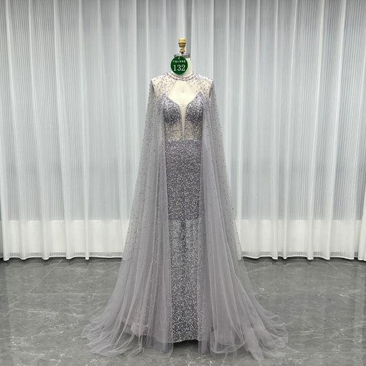 YQLNNE 0132 Dusty Lilac Pearls Beaded Evening Dress With Shawl