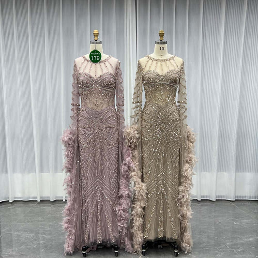 YQLNNE 0179 Pink Long Sleeves Feathers Evening Dress With Handmade Crystals Beaded
