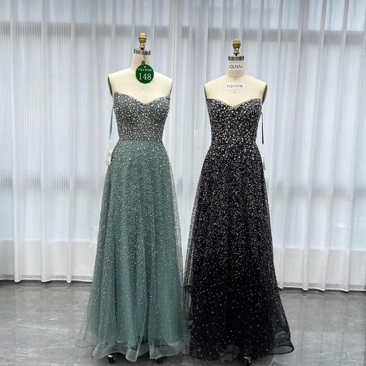 YQLNNE 0148 Black Glitter Crystals Long Prom Dress Aline