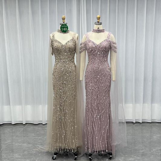 YQLNNE 0140 Nude Off Shoulder Crystals Beaded Evening Dress With Removable Shawl