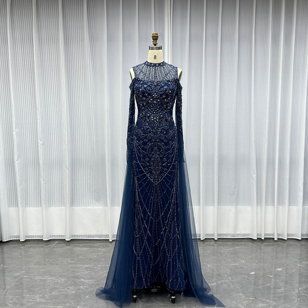 YQLNNECouture Navy Blue Crystals Beaded Evening Dress Embroidered