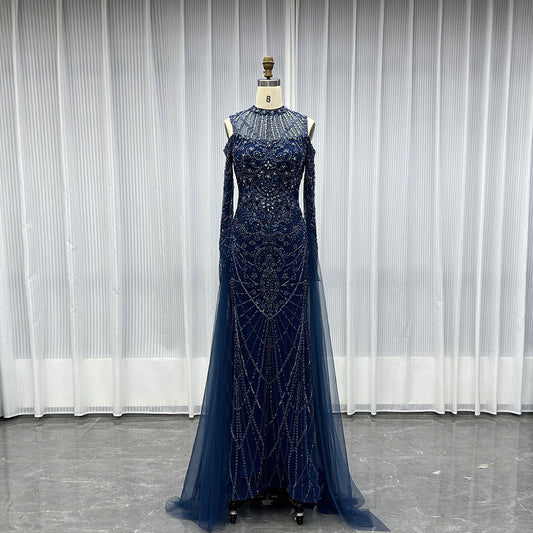 YQLNNECouture Navy Blue Crystals Beaded Evening Dress Embroidered