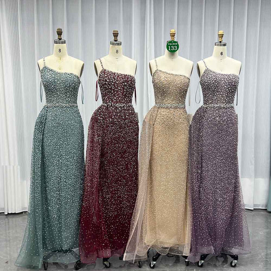 YQLNNE 0133 Rose Gold One Shoulder Crystals Evening Dress With Side Skirt