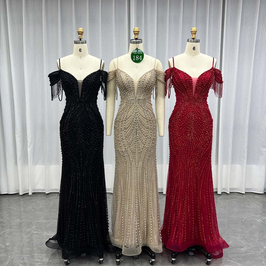 YQLNNE 0184 Black Beaded Mermaid Long Evening Dress Prom Gown