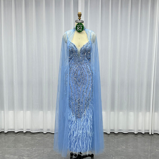 YQ082 Blue Feathers Evening Dress With Shawl Mid-Length