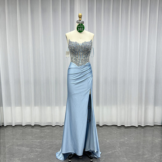 YQLNNE 0162 Blue Crystals Long Slit Prom Dress Satin Formal Gowns