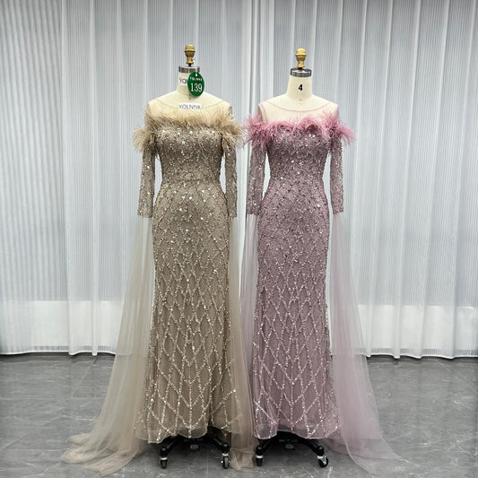 YQLNNE 0139 Nude Feathers Beaded Evening Dress With Sleeves