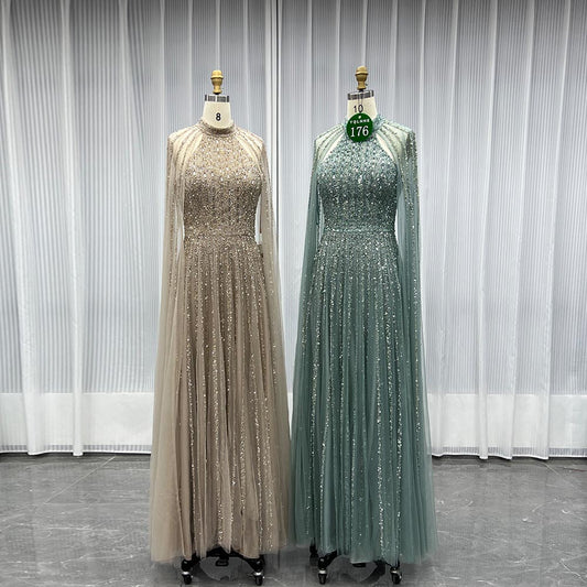 YQLNNE 0176 Sparkly Sage Crystals Evening Dress With Crystals Beaded Cape Sleeves