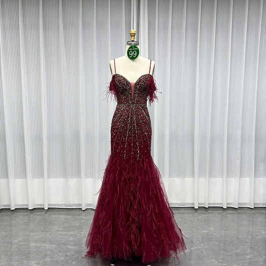 YQLNNE 099 Burgundy Feathers Crystals Mermaid Evening Dress Lace-up Back