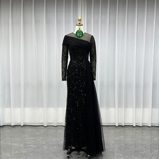 YQLNNE 092 Black Full Sleeves Beading Evening Dress