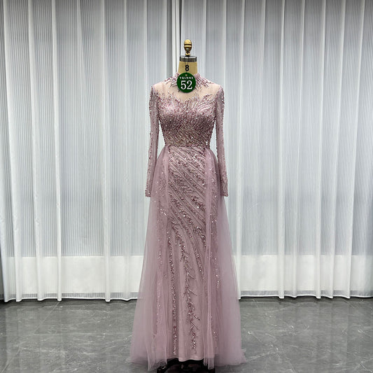 YQLNNE 052 Pink Long Sleeves Handmade Beaded Evening Dress With Removable Train