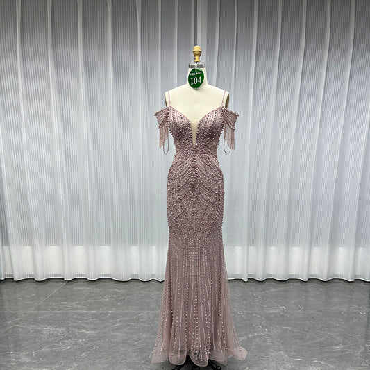 YQLNNE 0104 Pink Off Shoulder Evening Party Gown Handmade Pearls Beaded