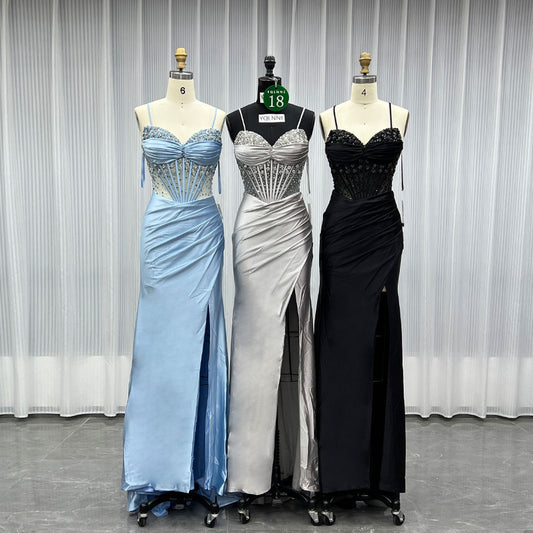 YQLNNE 018 Black Crystals Slit Prom Dresses Long Satin Evening Gown Lace-up