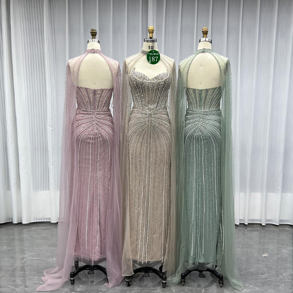 YQLNNE 0187 Pink Crystals Evening Dress With Removable Shawl