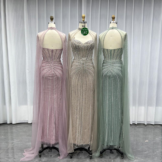 YQLNNE 0187 Pink Crystals Evening Dress With Removable Shawl