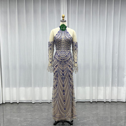 YQLNNE 0143 Blue Crystals Halter Evening Dress Mermaid Beaded Gown