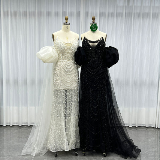 YQLNNE 0134 Black Strapless Beaded Pearls Evening Dress With Removable Sleeves