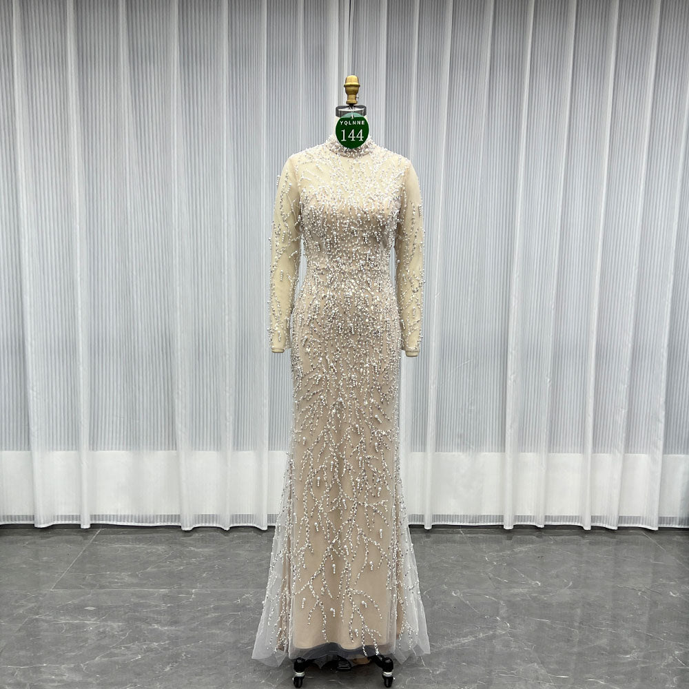 YQLNNE 0144 Modest Beige Full Sleeves Evening Dress High Collar Pearls Beaded Formal Gown