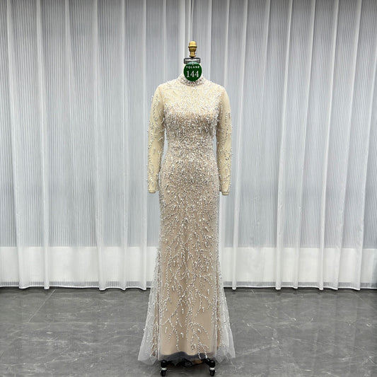 YQLNNE 0144 Modest Beige Full Sleeves Evening Dress High Collar Pearls Beaded Formal Gown
