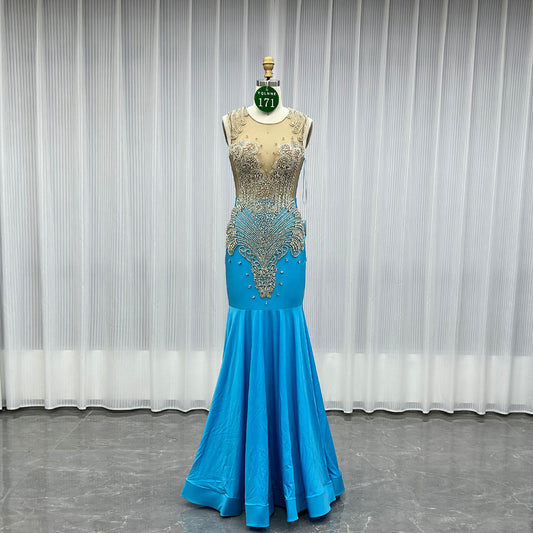 YQLNNE 0171 Blue Crystals Beaded Long Mermaid Prom Dress Backless