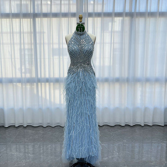 YQLNNE 031 Sky Blue Feathers Crystals Evening Dress Halter