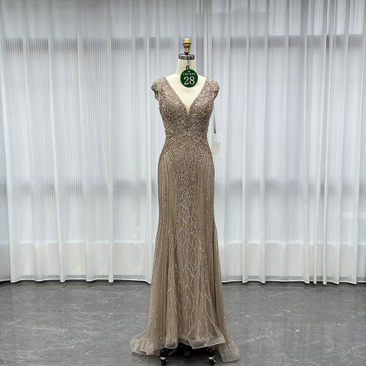 YQLNNE 028 Nude Handmade Crystals Beaded Evening Gown Pageant Dress