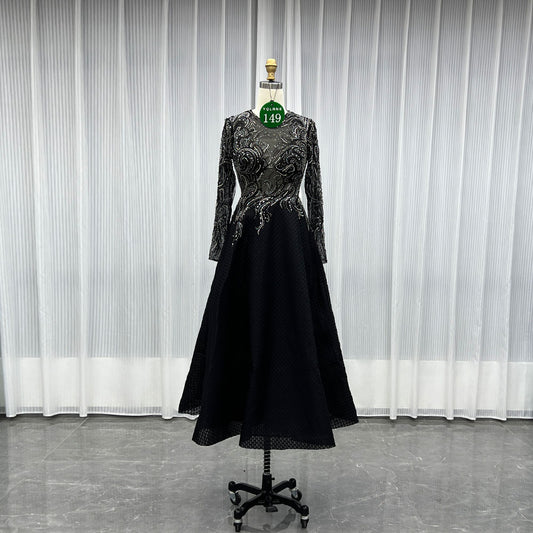 YQLNNE 0149 Black Crystals Beaded Tea-Length Evening Party Dress Full Sleeves