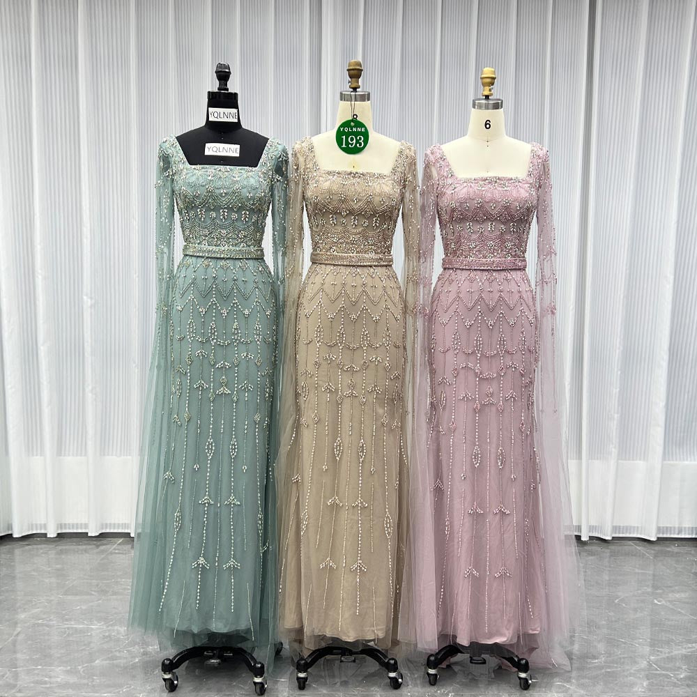 YQLNNE 0193 Modest Nude Square Collar Evening Dress With Handmade Crystals Beaded