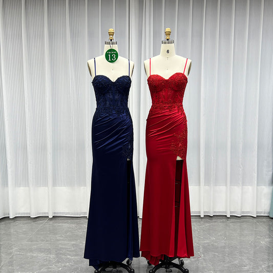 YQLNNE 013 Navy Embroidered Long Slit Prom Dresses
