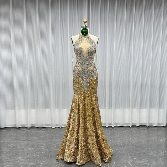 YQLNNE 0173 Gold Crystals Long Prom Dress Halter Sequined Formal Gown