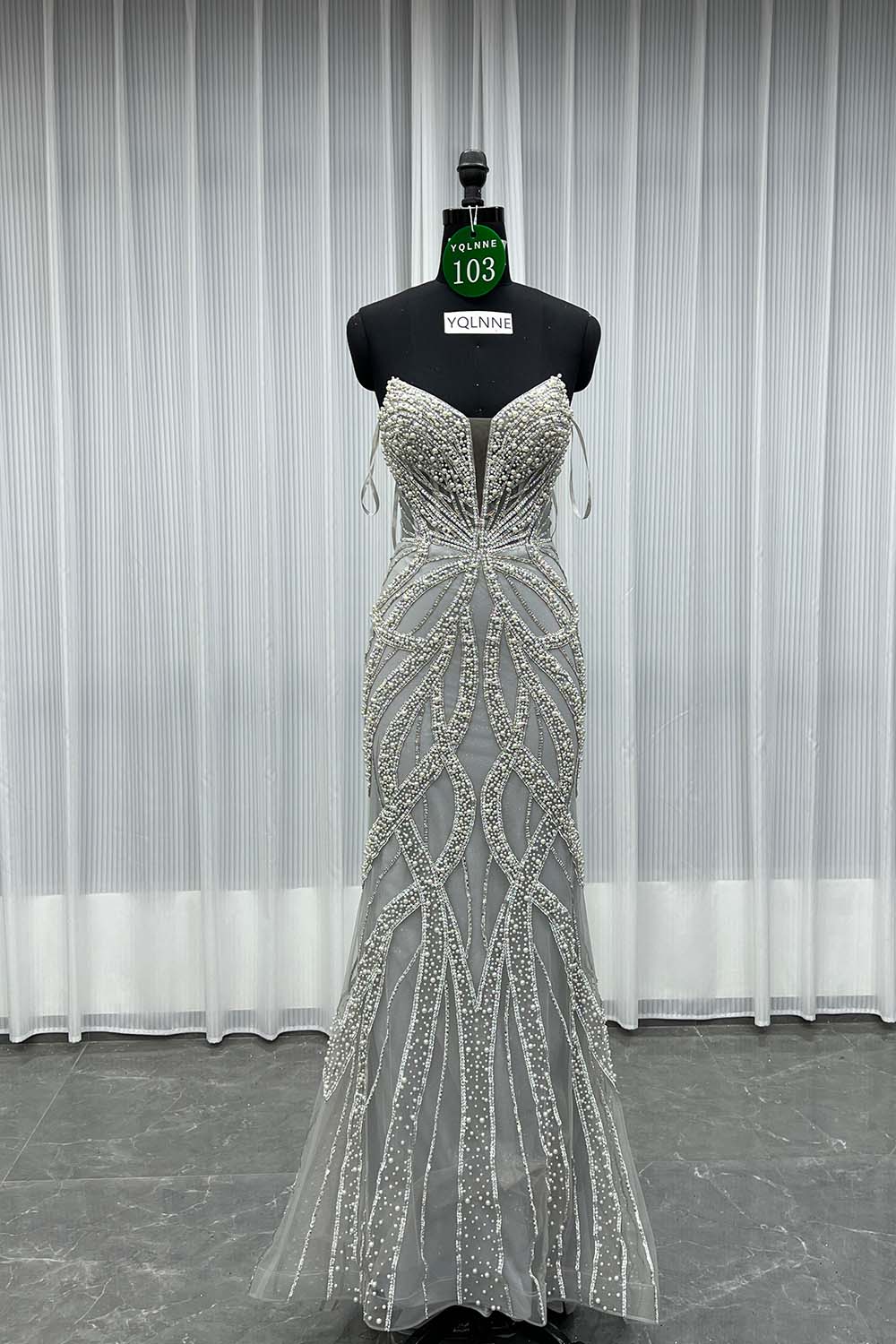 YQLNNE 0103 Silver Pearls Crystals Long Mermaid Evening Dress