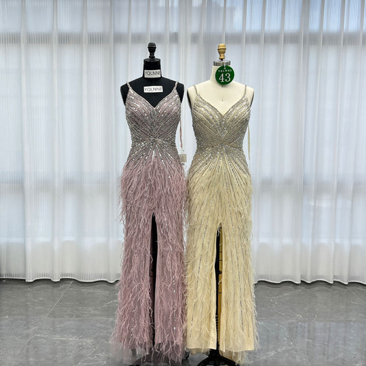 YQLNNE 043 Beige Feathers Long Crystals Evening Dress With Slit