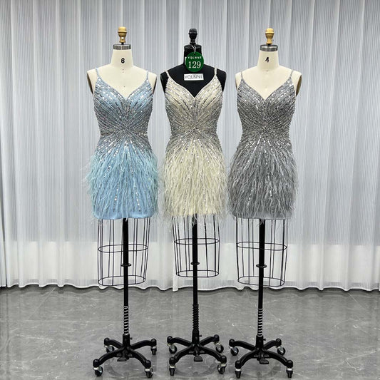 YQLNNE 0129 Silver Feathers Short Evening Dress Crystals Beaded Party Gown