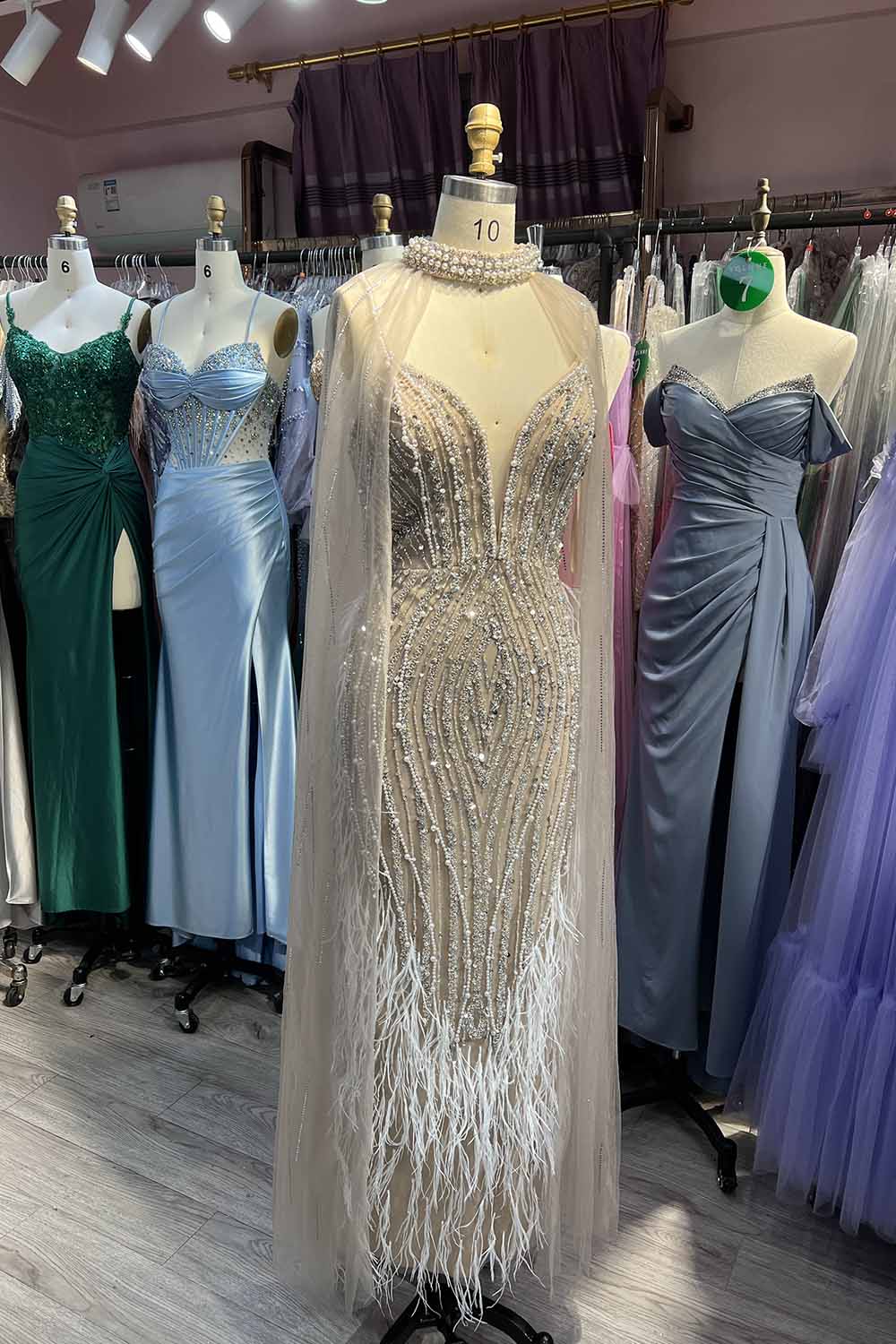 YQLNNE 082 White Nude Feathers Evening Dress With Crystals Pearls Wedding Party Gown