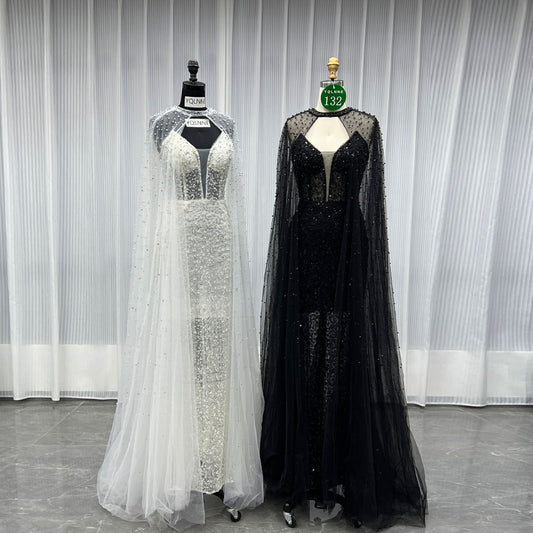YQLNNE 0132 Black Strapless Beaded Evening Dress With Removable Shawl