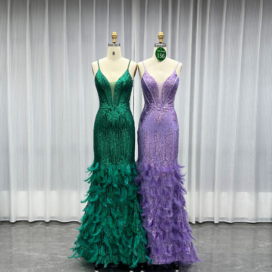 YQLNNE 0156 Sparkly Green Glitter Feathers Prom Dresses Lace-up Party Gown