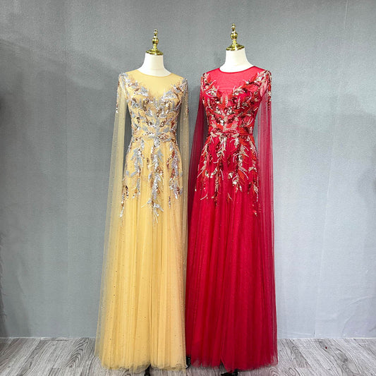 YQLNNE 069 Gold Crystals Beaded Evening Party Gown Handmade