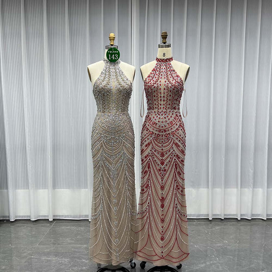 YQLNNE 0143 Red Crystals Beaded Evening Dress Halter Lace-up Back