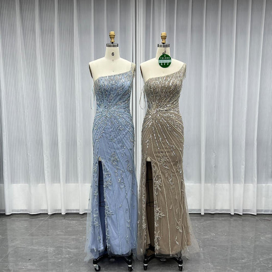 YQLNNE 0177 Blue One Shoulder Slit Evening Dress Handmade Crystals Beaded