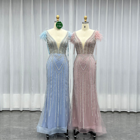 YQLNNE 0154 Sky Blue Rhinestones Long Prom Dresses Mermaid