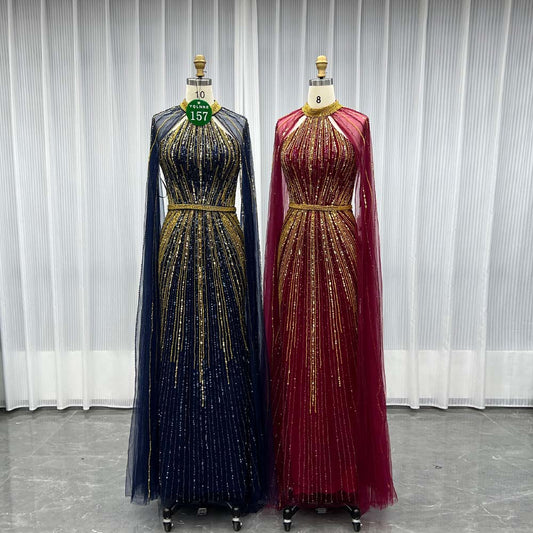 YQLNNE 0157 Navy High Collar Evening Dress With Handmade Crystals Beaded