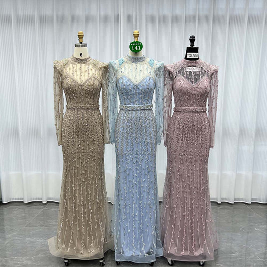 YQLNNE 0141 Modest Pink Full Sleeves Evening Dress Handmade Beaded Pearls Muslim Formal Gown