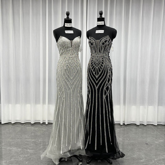 YQLNNE 0130 Black Strapless Crystal Evening Dress Long Mermaid Party Dress Lace-up Back