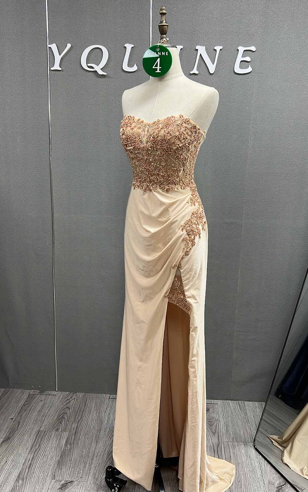 YQLNNE Champagne Strapless Fitted High Slit Satin Prom Dresses